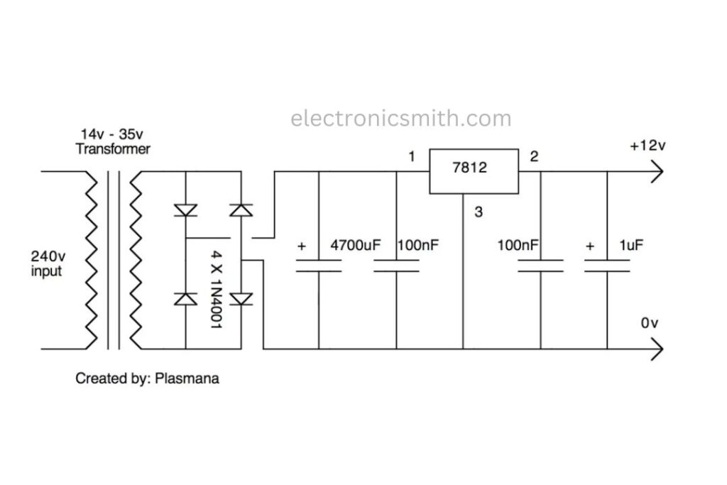 schematic, circuit digram of 12v power supply